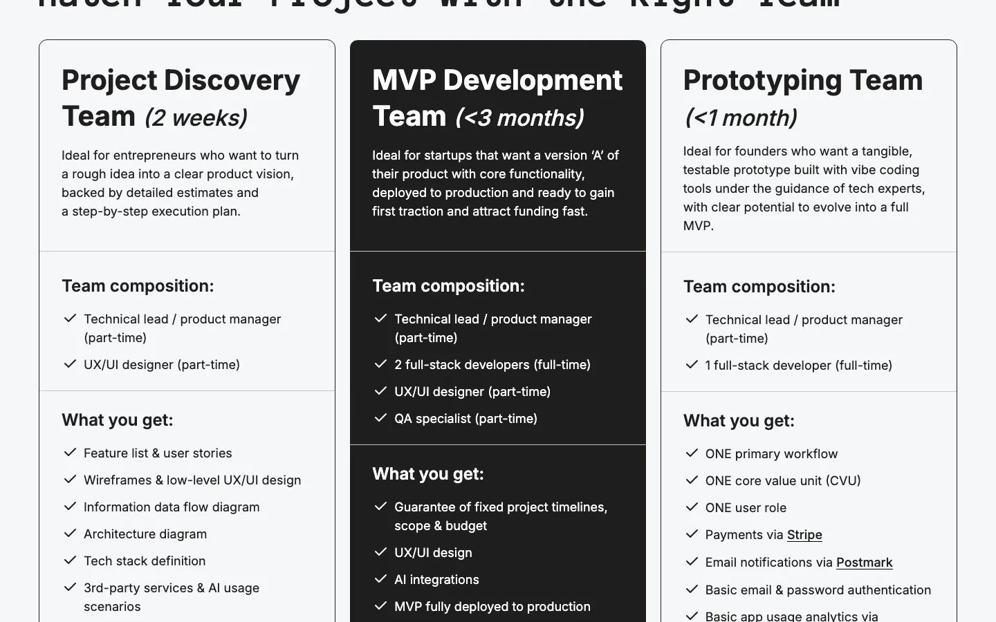 Upsilon pricing page, captured 24 September 2026, showing a project discovery team at 6,000 dollars, an MVP development team from 20,000 dollars and a prototyping team at 10,000 dollars