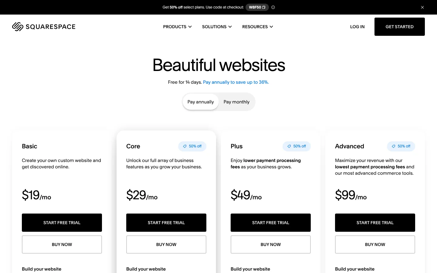 Squarespace pricing page, captured 8 September 2026