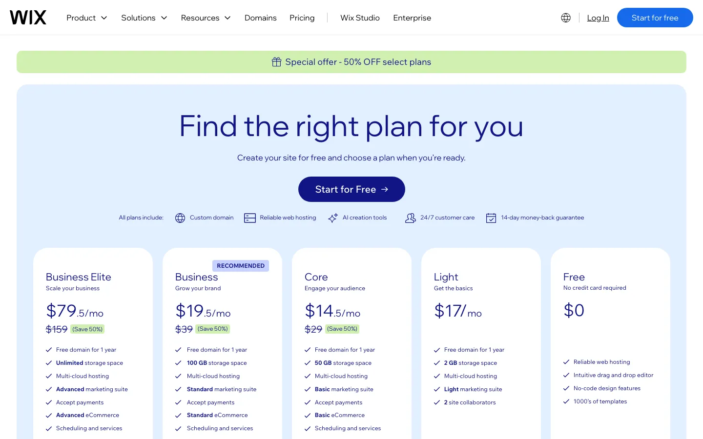 Wix plans page, captured 8 September 2026