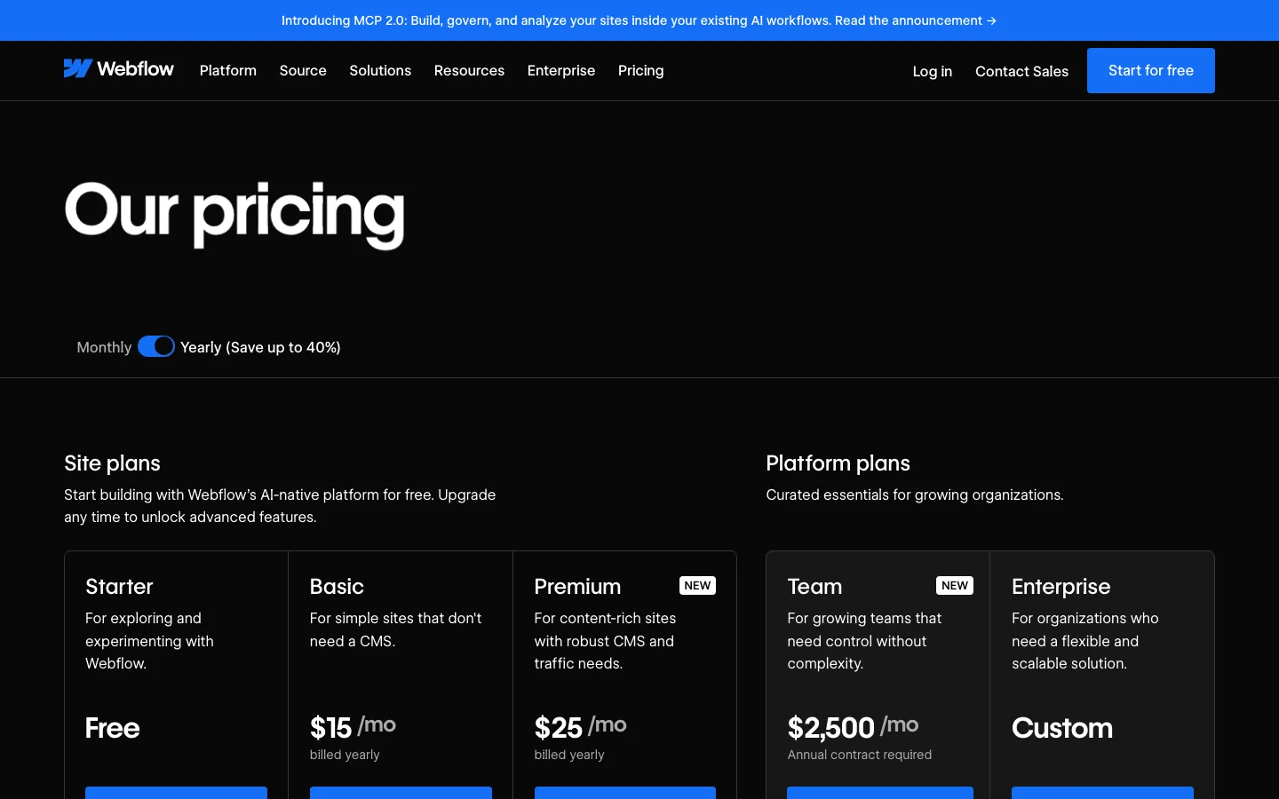 Webflow pricing page, captured 8 September 2026
