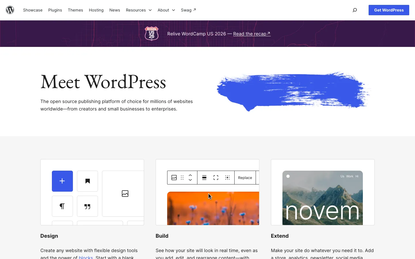 WordPress.org homepage, captured 9 September 2026