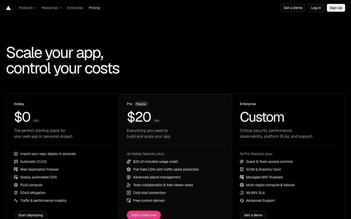 Vercel's pricing page on 6 October 2026: Hobby at $0 a month, Pro at $20 a month with $20 of included usage credit, flat-rate CDN and free viewer seats, and Enterprise at Custom