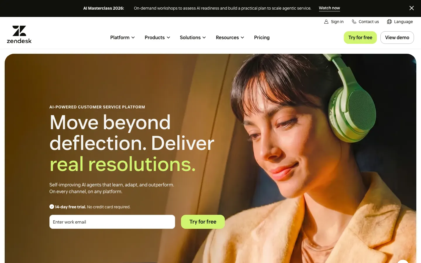 Zendesk's homepage on 15 September 2026: Move beyond deflection, deliver real resolutions