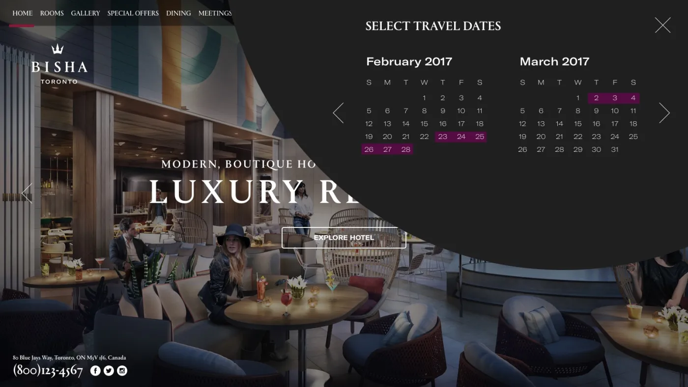 The booking overlay as designed, step one: a Select Travel Dates calendar sweeping over the homepage in a curved dark sheet