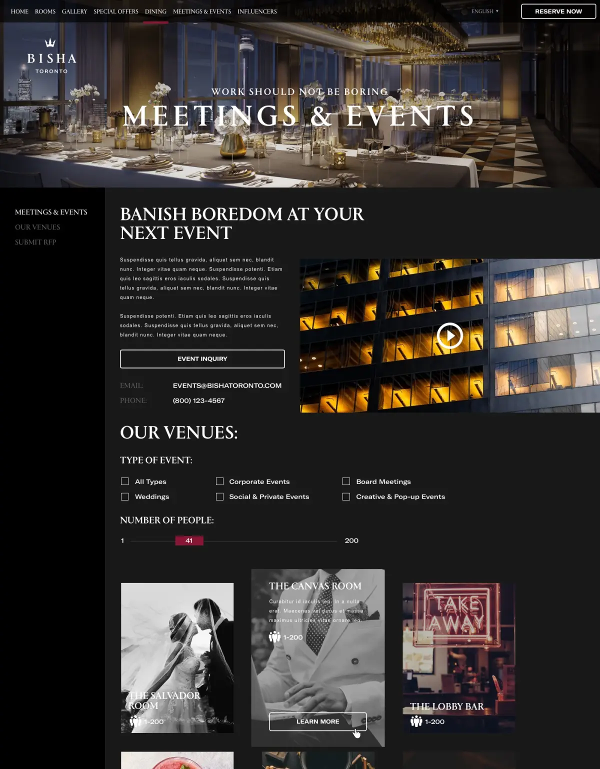 The Meetings and Events page as designed: an RFP funnel with event-type filters, a headcount slider and venue cards