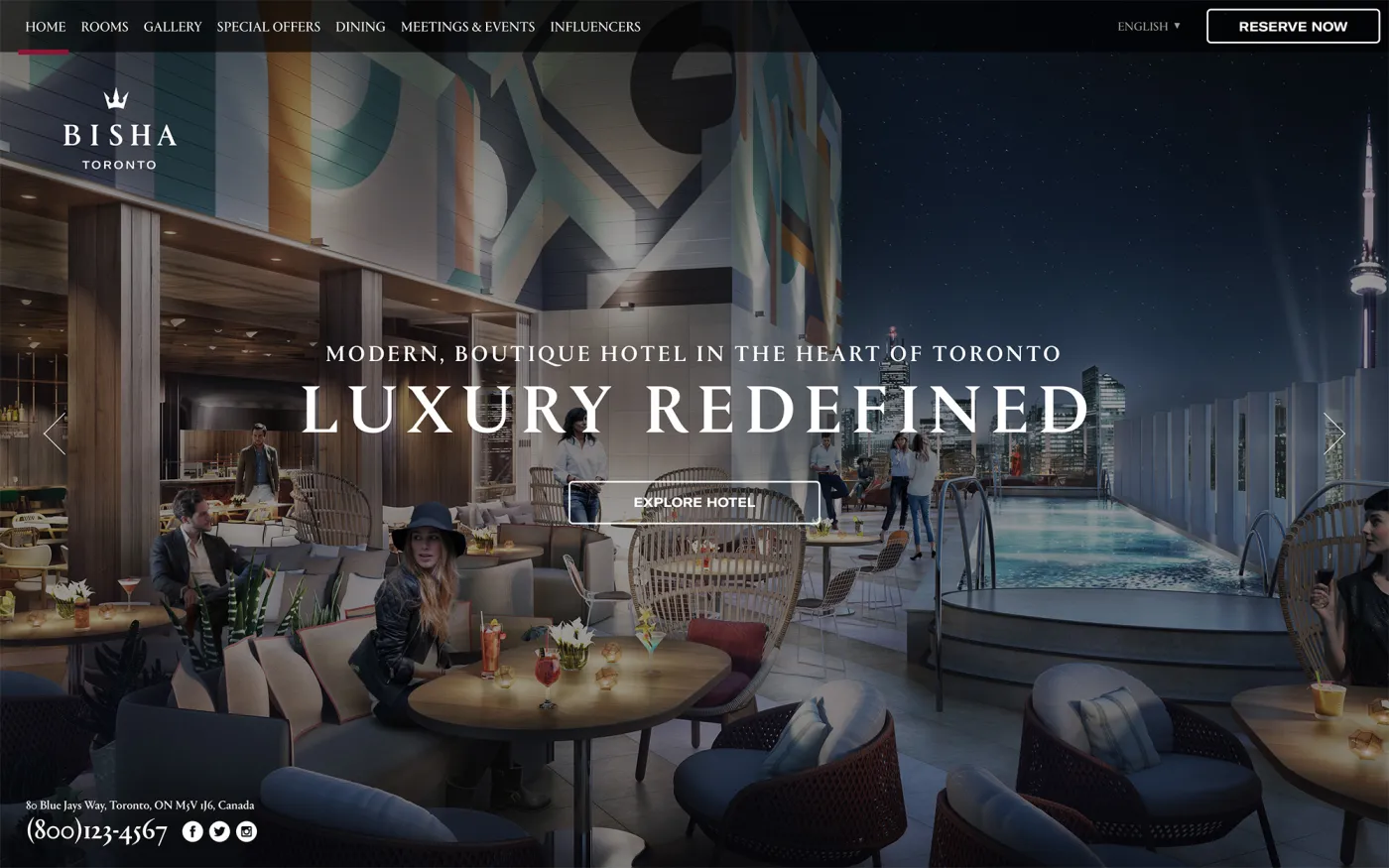 The Bisha homepage as designed: Luxury Redefined over the rooftop pool and the CN Tower at night, the crown wordmark top left, and Rooms, Gallery, Special Offers, Dining, Meetings and Events and Influencers across the top