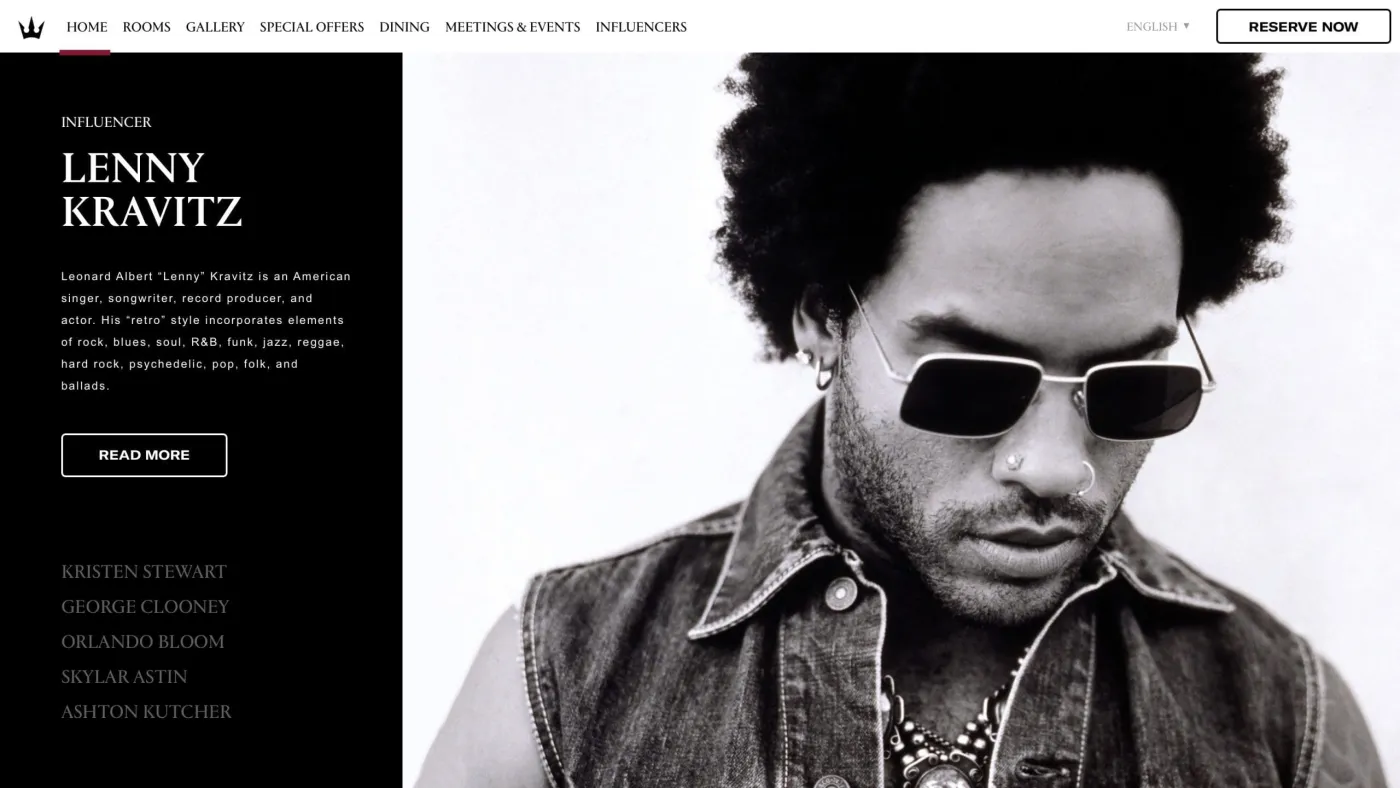 The Influencers landing page as designed: a black-and-white Lenny Kravitz portrait beside the roster of six names who shaped the hotel