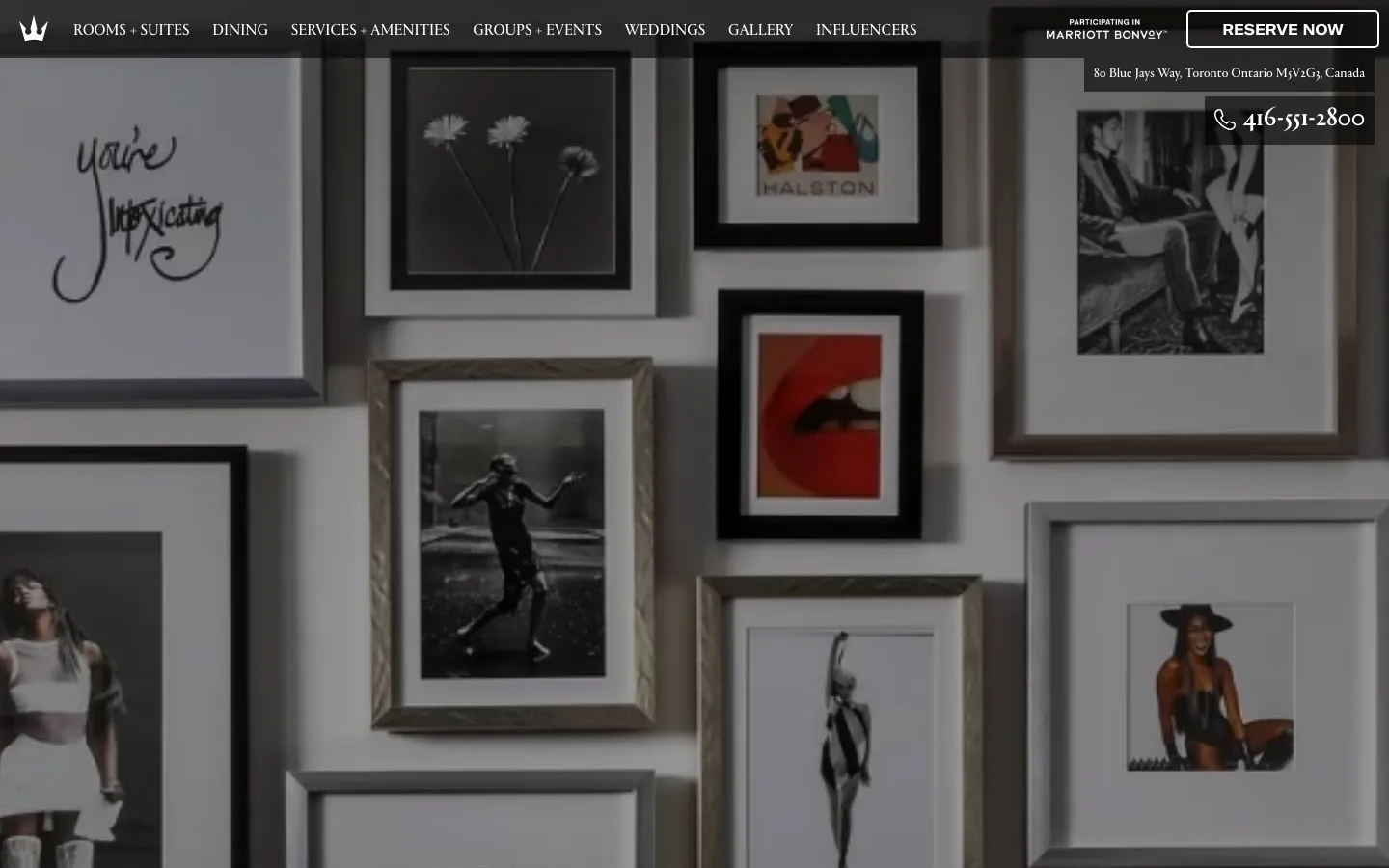 The live Bisha homepage on 25 September 2026: the crown mark, navigation reading Rooms and Suites, Dining, Services and Amenities, Groups and Events, Weddings, Gallery and Influencers, a Participating in Marriott Bonvoy badge beside Reserve Now, and a Crown Package slide over a gallery wall