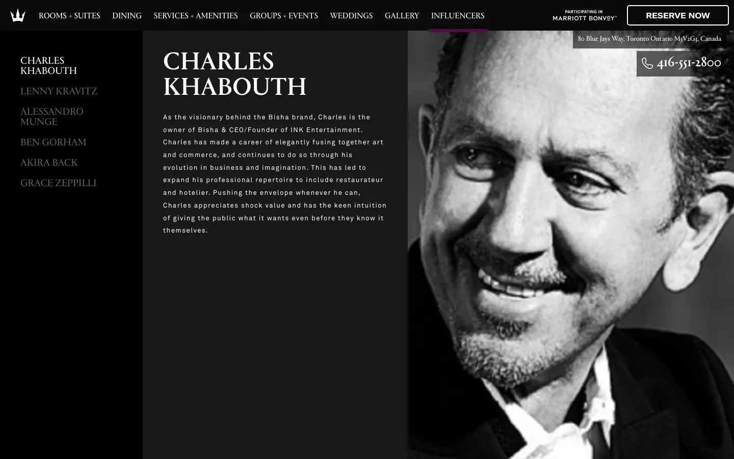 The live Influencers page on 25 September 2026: the same six names listed on the left, Charles Khabouth selected, his biography beside a black-and-white portrait, and a Marriott Bonvoy badge in the header