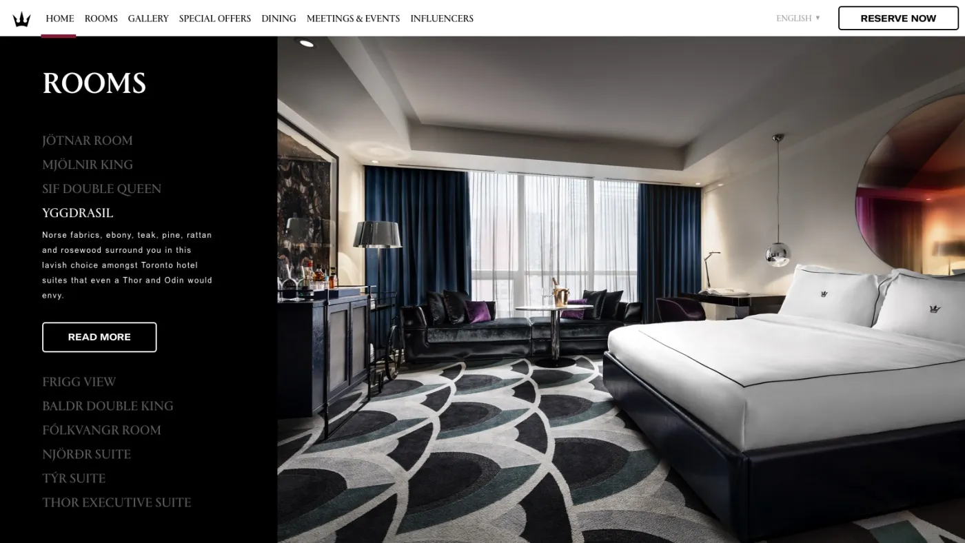 The Rooms page as designed: a list of Norse-named rooms on black beside a full-bleed photograph of the Yggdrasil suite with its patterned carpet and circular mirror