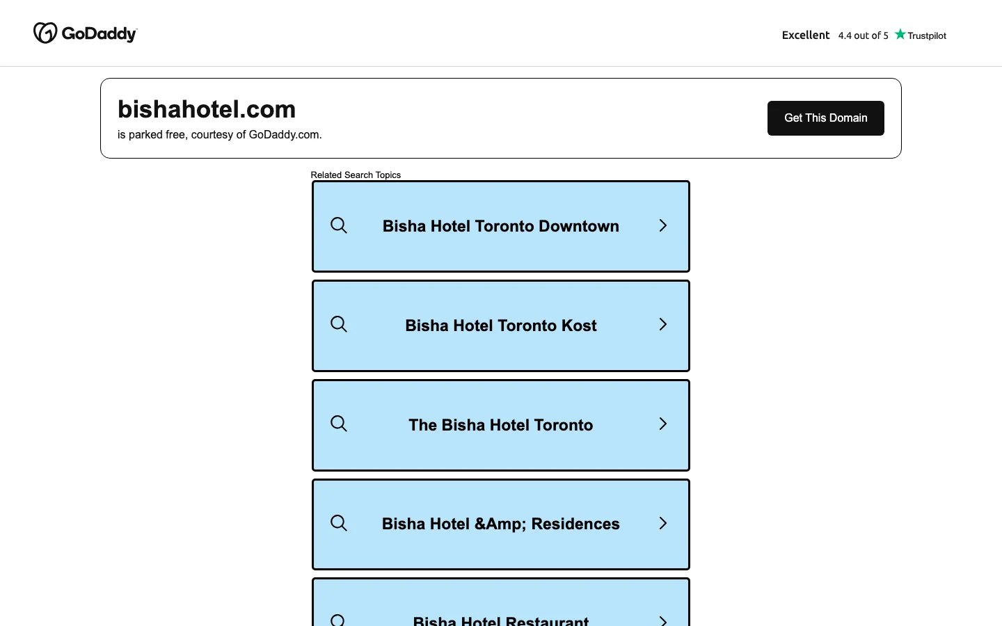 bishahotel.com on 25 September 2026: a GoDaddy page saying the domain is parked free, with sponsored search links for Bisha Hotel Toronto Downtown, Bisha Hotel Toronto Kost, Bisha Hotel Rooftop and Bisha Hotel Restaurant