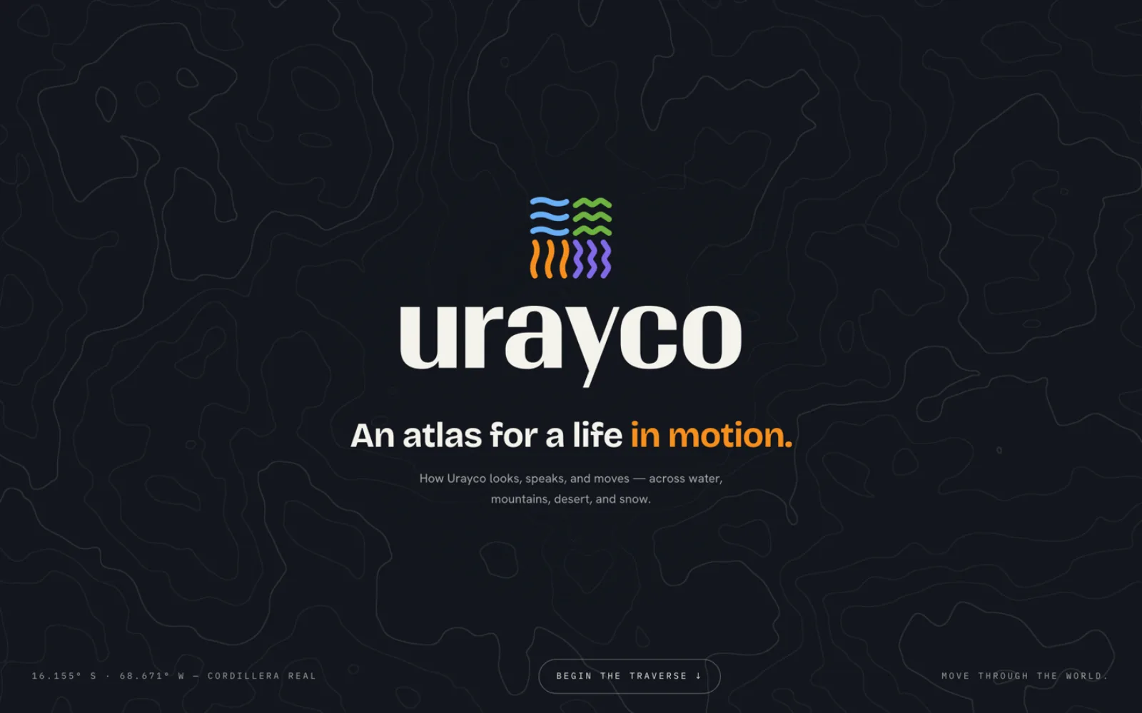 The Urayco brand identity cover: a four-terrain map-legend mark above the wordmark, on a dark topographic field