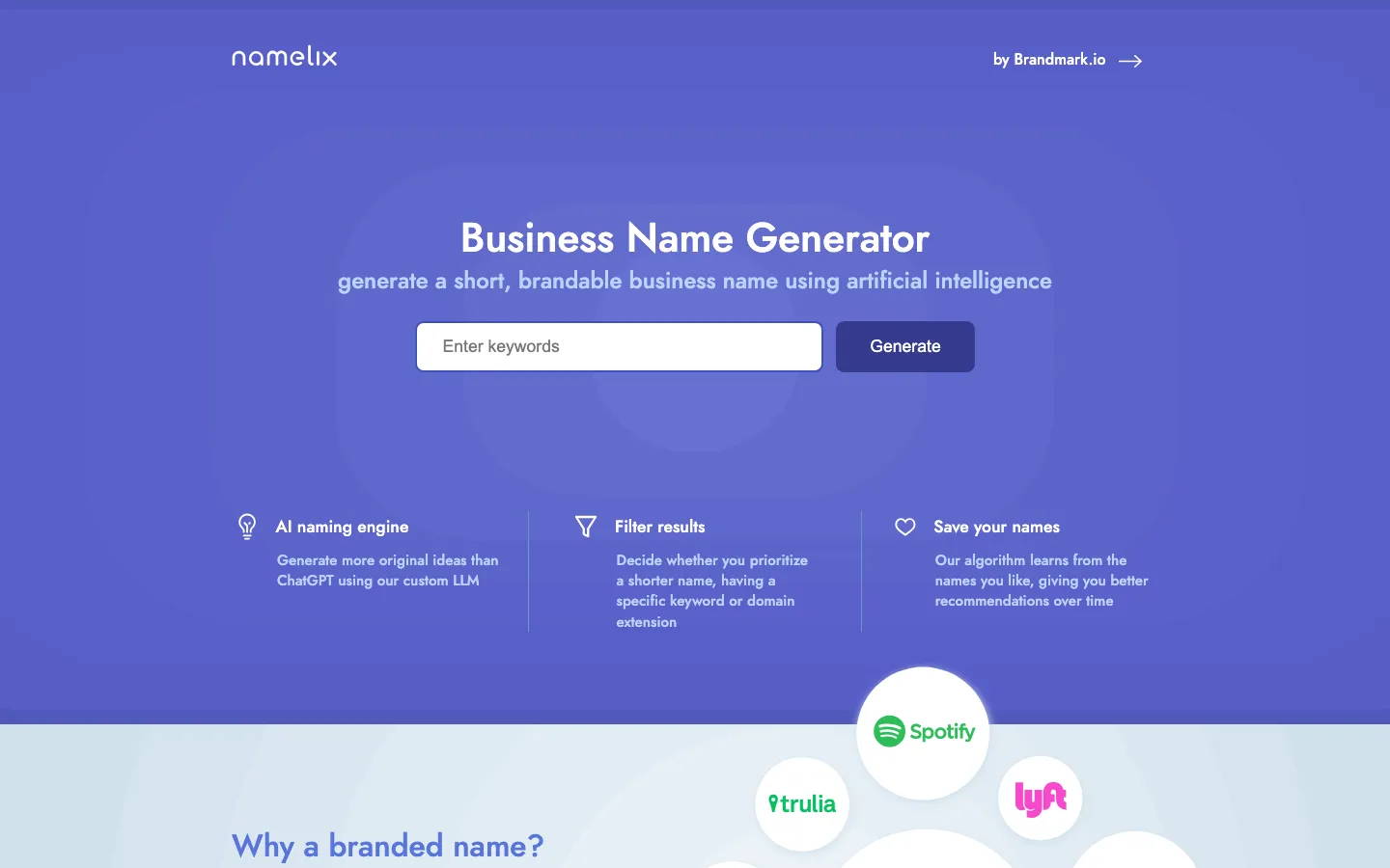Namelix, an AI business name generator by Brandmark.io, on 19 September 2026