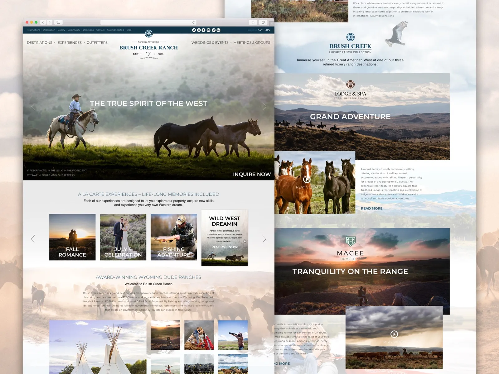 Two screens side by side: the homepage with the a la carte experiences row and the dude-ranch introduction, and the destinations section with Lodge and Spa's Grand Adventure and Magee Homestead's Tranquility on the Range as full-bleed panels