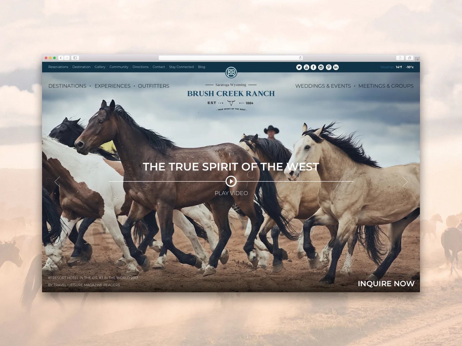 The Brush Creek Ranch homepage as designed: a herd of horses running through dust under the line The True Spirit of the West, the 1884 brand mark centered, and Destinations, Experiences, and Outfitters on one side of the logo with Weddings and Events and Meetings and Groups on the other