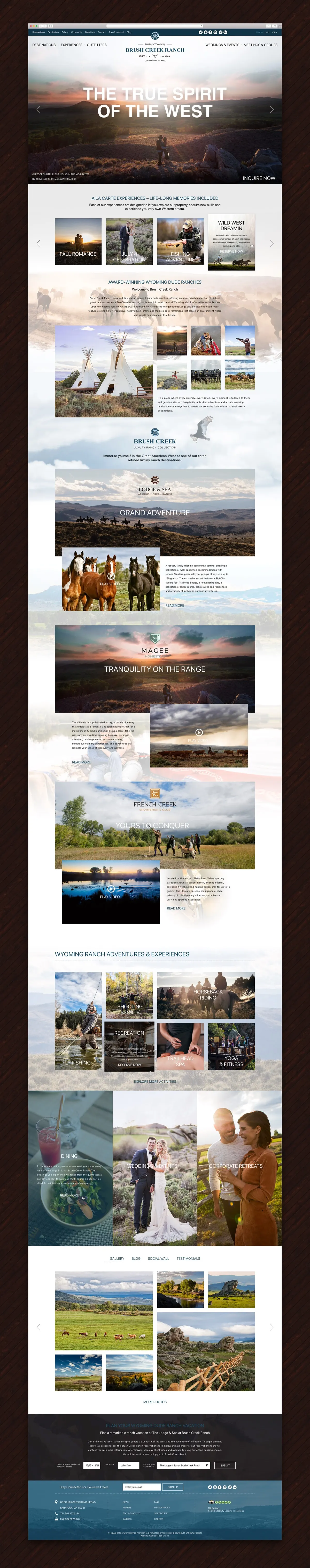 Full homepage: the hero, the a la carte experiences, the award-winning dude ranch introduction with tipis and cattle, the three destinations as full-bleed panels, the Wyoming adventures grid, dining, weddings and corporate retreats, the gallery, and the travel request form in the footer