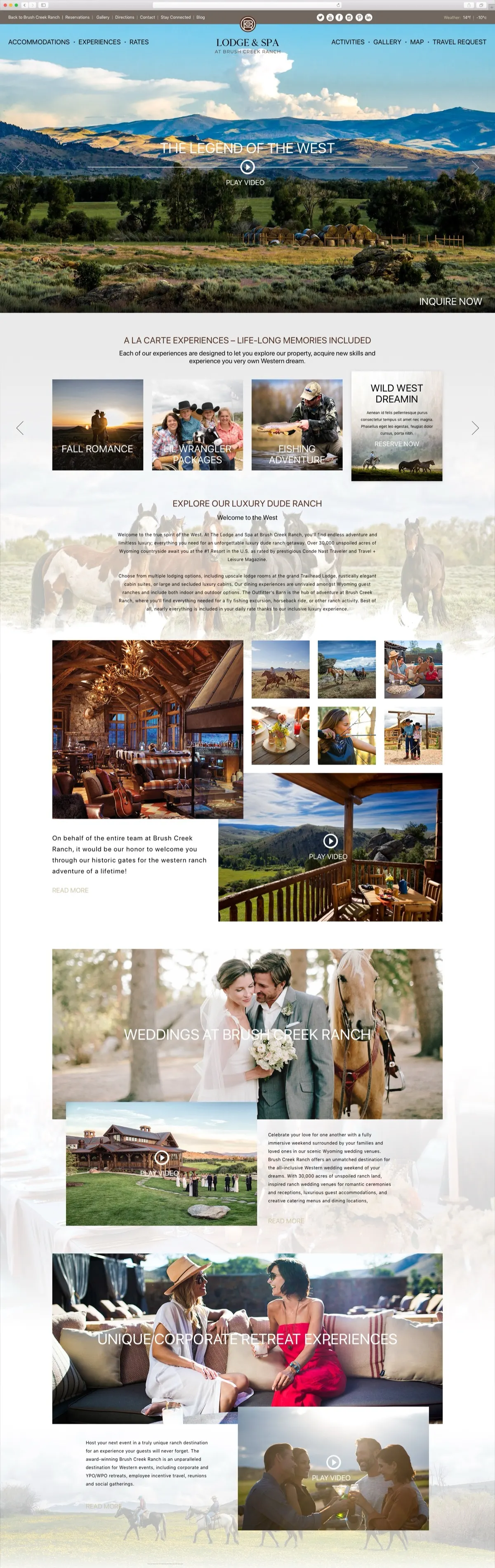 The Lodge and Spa property page in full: The Legend of the West hero, the a la carte experiences, the dude-ranch welcome, the great room and the deck, weddings at Brush Creek Ranch, and corporate retreat experiences