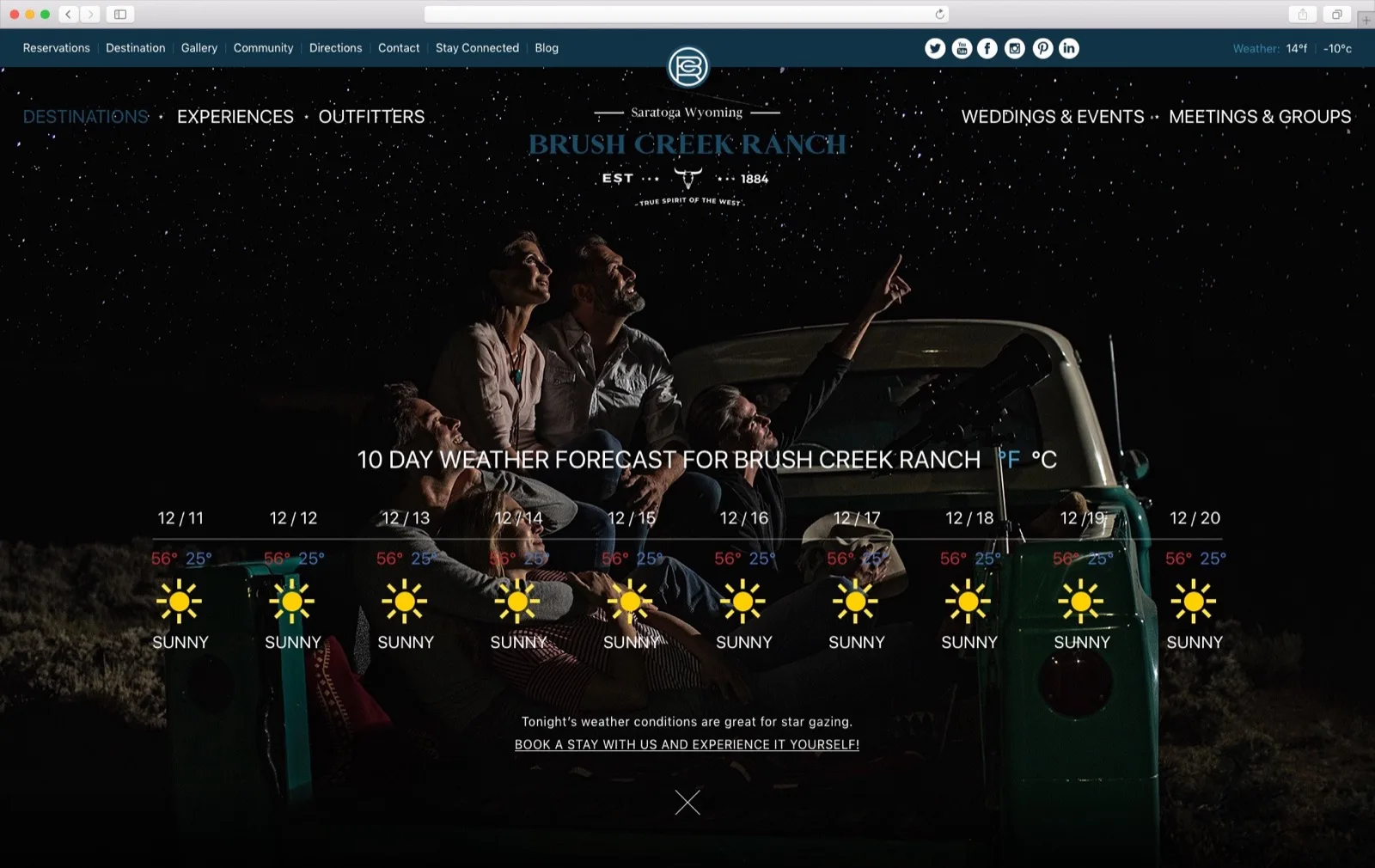The weather panel: a ten-day forecast for Brush Creek Ranch over a night-sky photograph of guests stargazing from a pickup, with a line that tonight's conditions are great for star gazing and a link to book a stay