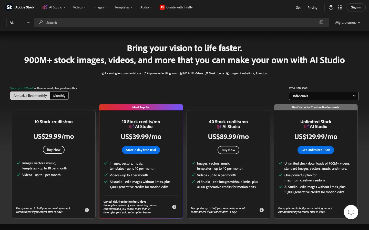 Adobe Stock pricing page read on 3 October 2026: 10 Stock credits a month for US$29.99, 10 credits plus AI Studio for US$39.99, 40 credits for US$89.99, and unlimited standard stock for US$129.99, all on annual plans billed monthly