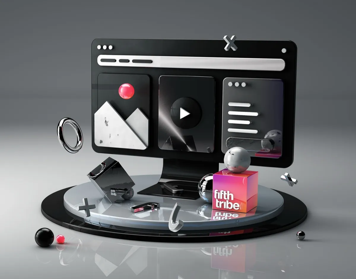 A custom 3D scene SUUR made for Fifth Tribe, a Washington D.C. digital agency: a glossy black monitor on a reflective platform with chrome shapes, and the Fifth Tribe wordmark rendered on a pink cube in the foreground
