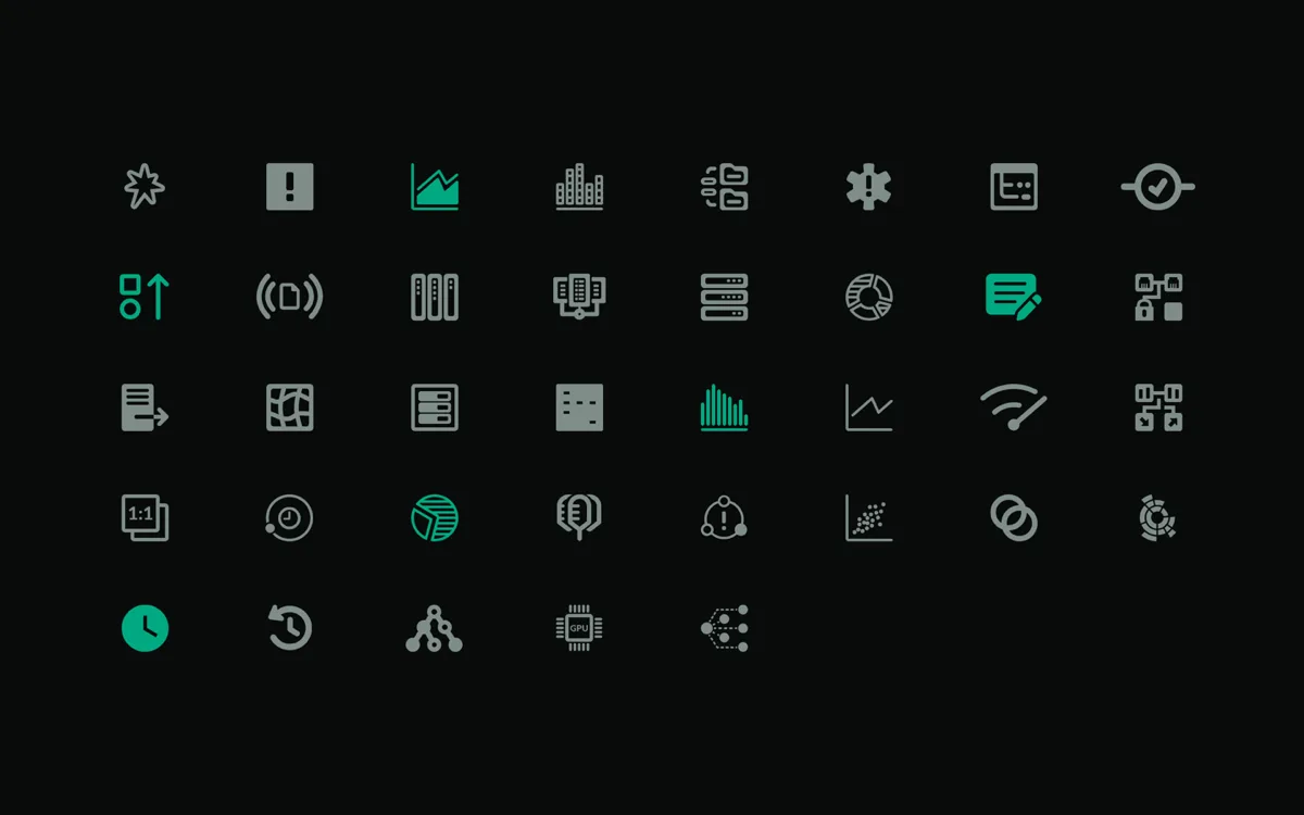 The Apstra icon set: 115 icons across navigation, operations, intent-based analytics, charts, and AI, drawn on one grid with one stroke