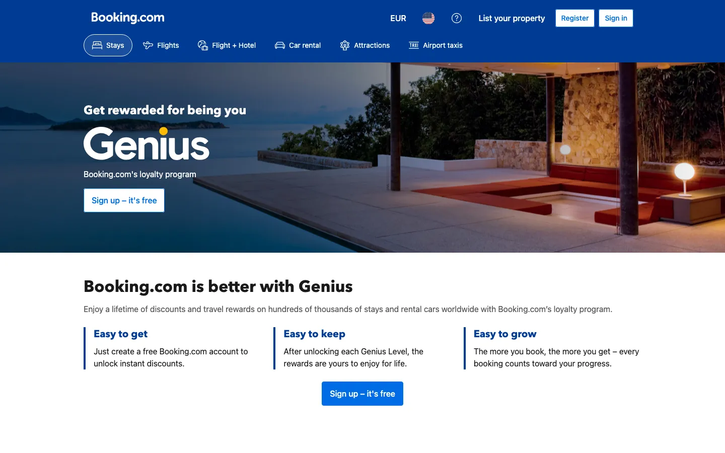 Booking.com's Genius page on 17 September 2026: three loyalty levels giving 10 percent, 10 to 15 percent, and 10 to 20 percent off stays, kept for life