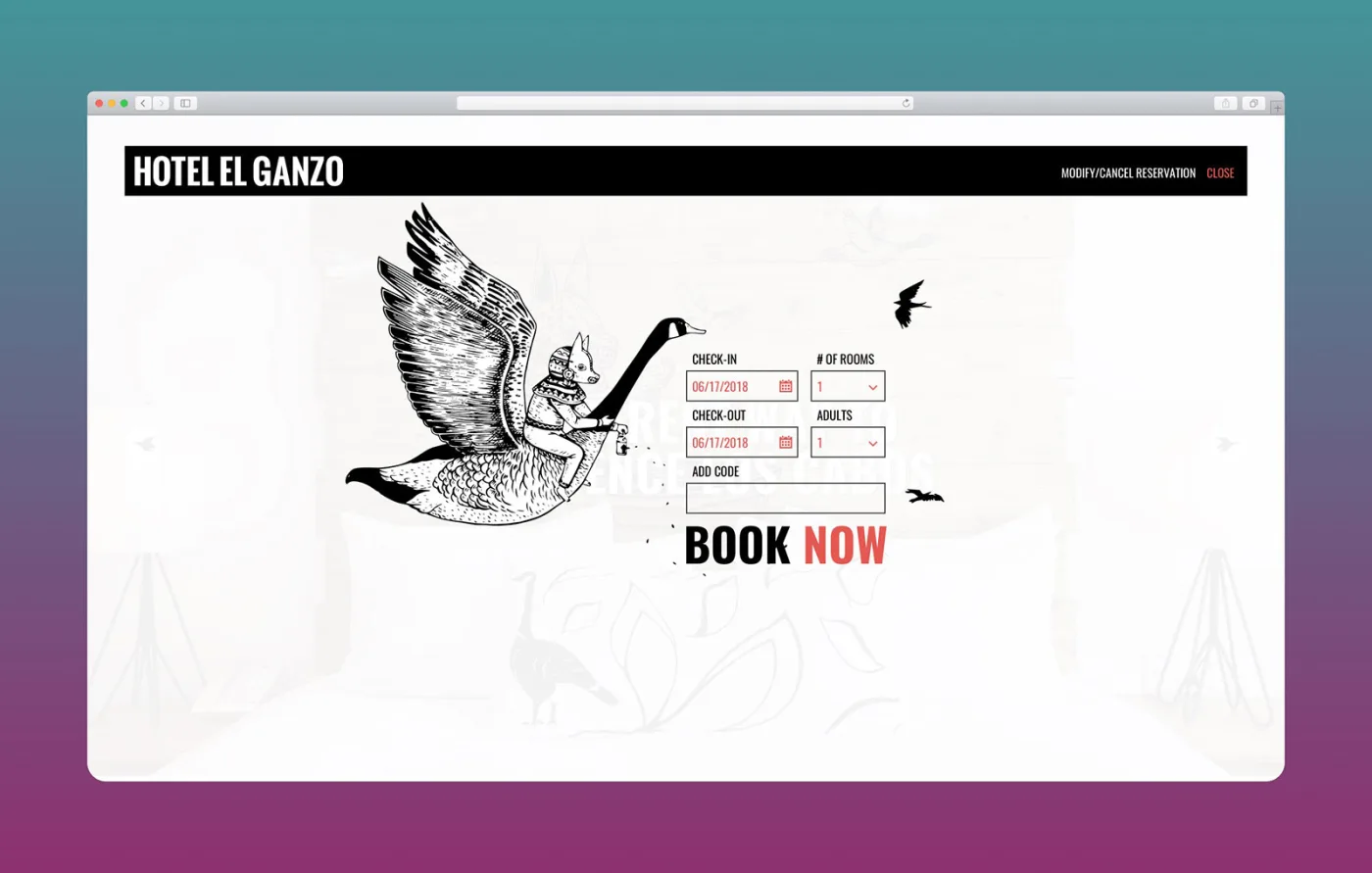 The booking overlay: a black and white illustration of a figure riding a goose, with check-in, check-out, number of rooms, adults, a promo code field and a large Book Now button