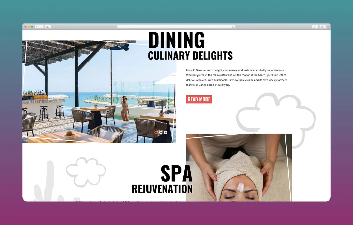 The dining and spa section: a rooftop bar over the water with Culinary Delights set in condensed type, and a spa treatment photograph under the heading Spa Rejuvenation