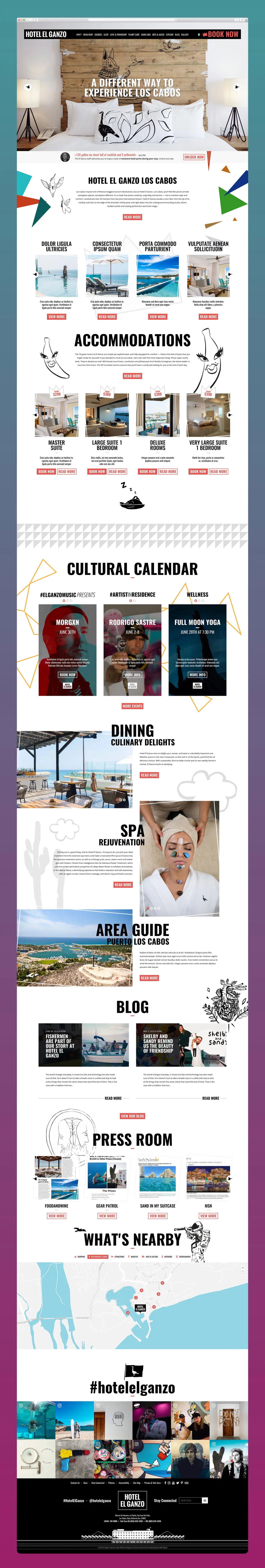 The full homepage as designed: hero, introduction, accommodations with prices, cultural calendar, dining, spa, area guide, blog, press room, a what's nearby map, and a guest photo wall