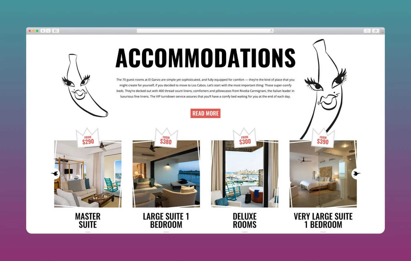 The accommodations rail: four room cards, each with a crown badge reading from 290, 380, 300 and 390 dollars, over the line that El Ganzo's guest rooms are simple yet sophisticated