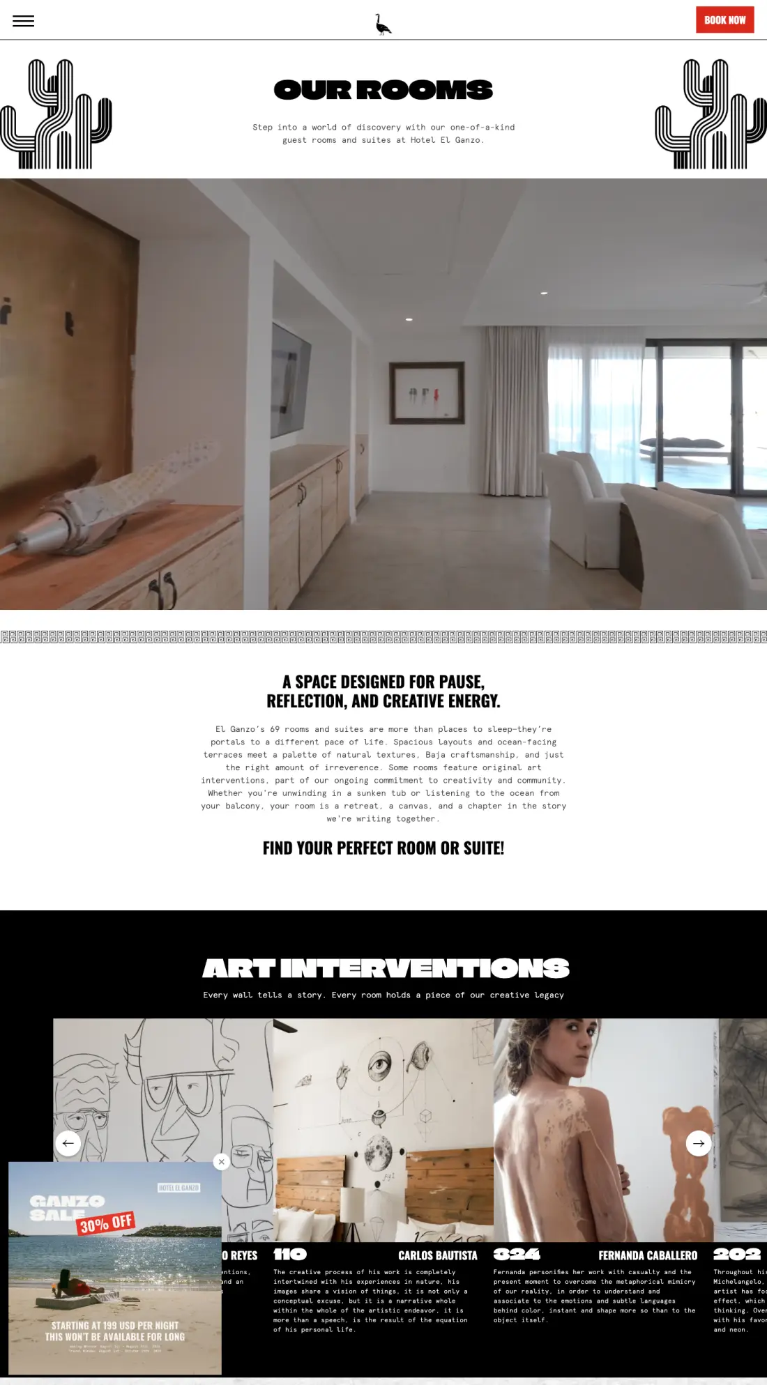 The live rooms page on 20 September 2026: Our Rooms over a video of a suite, a paragraph about 69 rooms and suites with no rate anywhere, and an Art Interventions carousel crediting artists by room number