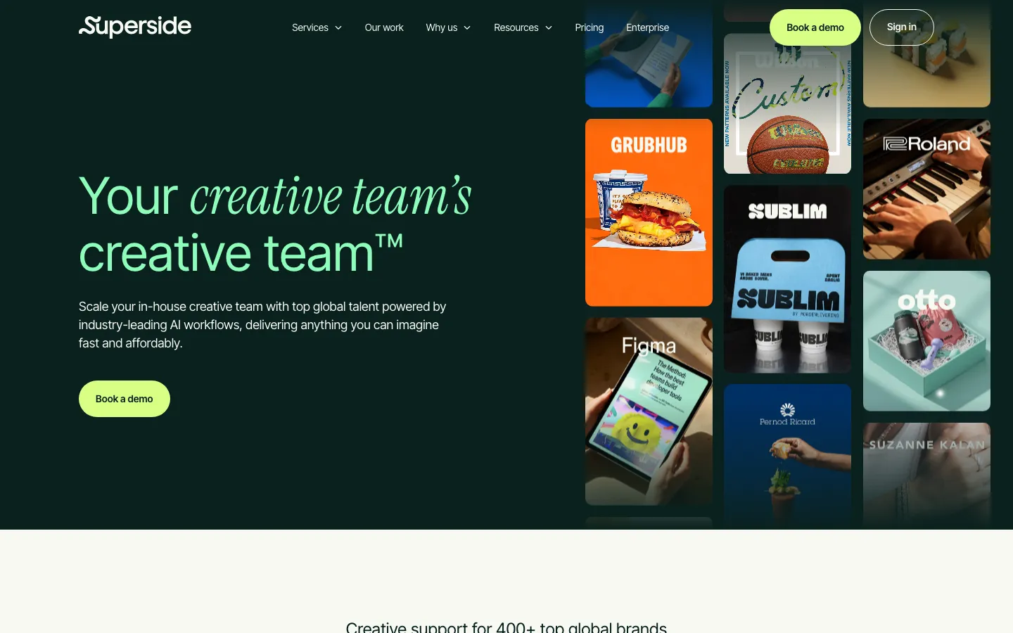 Superside's homepage on 12 September 2026, the top of the subscription market at a $15,000 monthly minimum