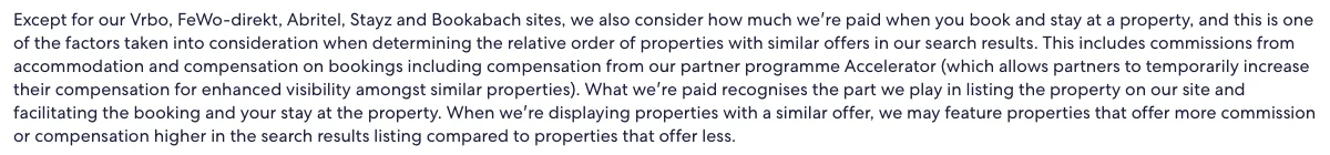 Expedia's sort order page on 8 October 2026: except on its Vrbo family of sites, Expedia considers how much it is paid when a guest books and stays, including Accelerator compensation, and may feature properties that offer more commission higher in results