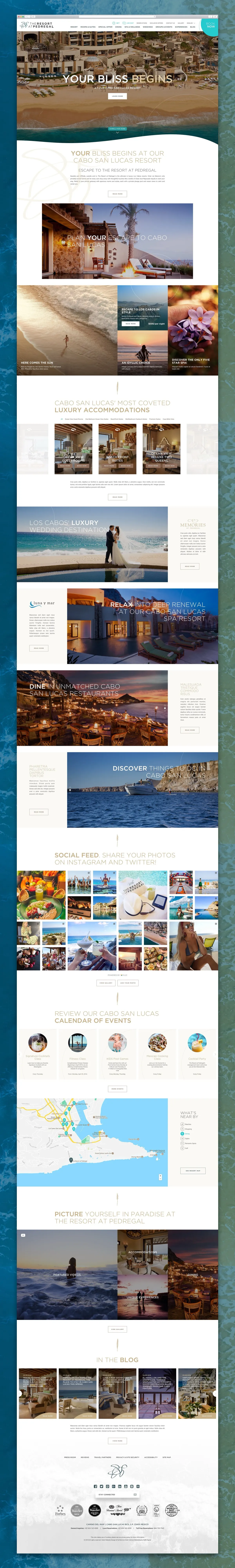 Full homepage: escape narrative, accommodations, weddings, spa, dining, things to do, a social feed, a calendar of events, a map, gallery, and the awards row