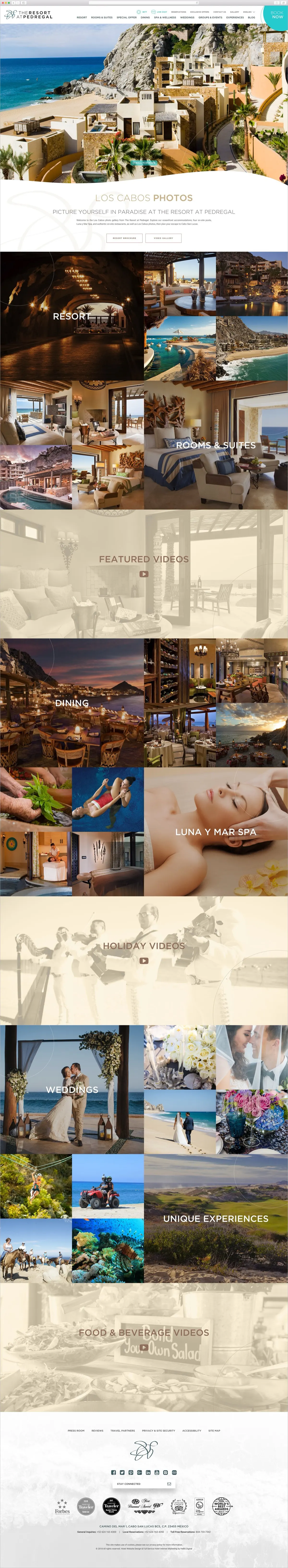 The photo gallery, organized by the questions a guest asks: the resort, rooms and suites, dining, the Luna y Mar spa, weddings, and unique experiences, with video sections between them