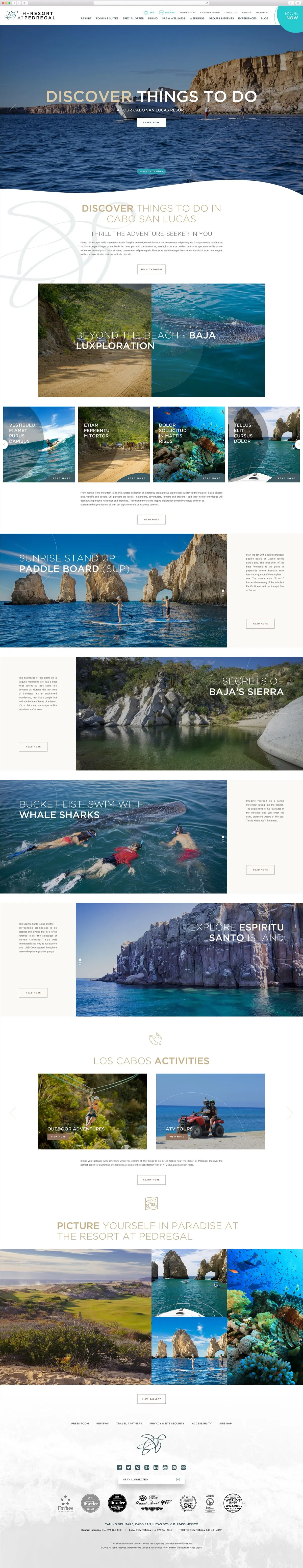 The things-to-do section: Baja Luxploration, sunrise paddle boarding, swimming with whale sharks, Espiritu Santo island, and Los Cabos activities