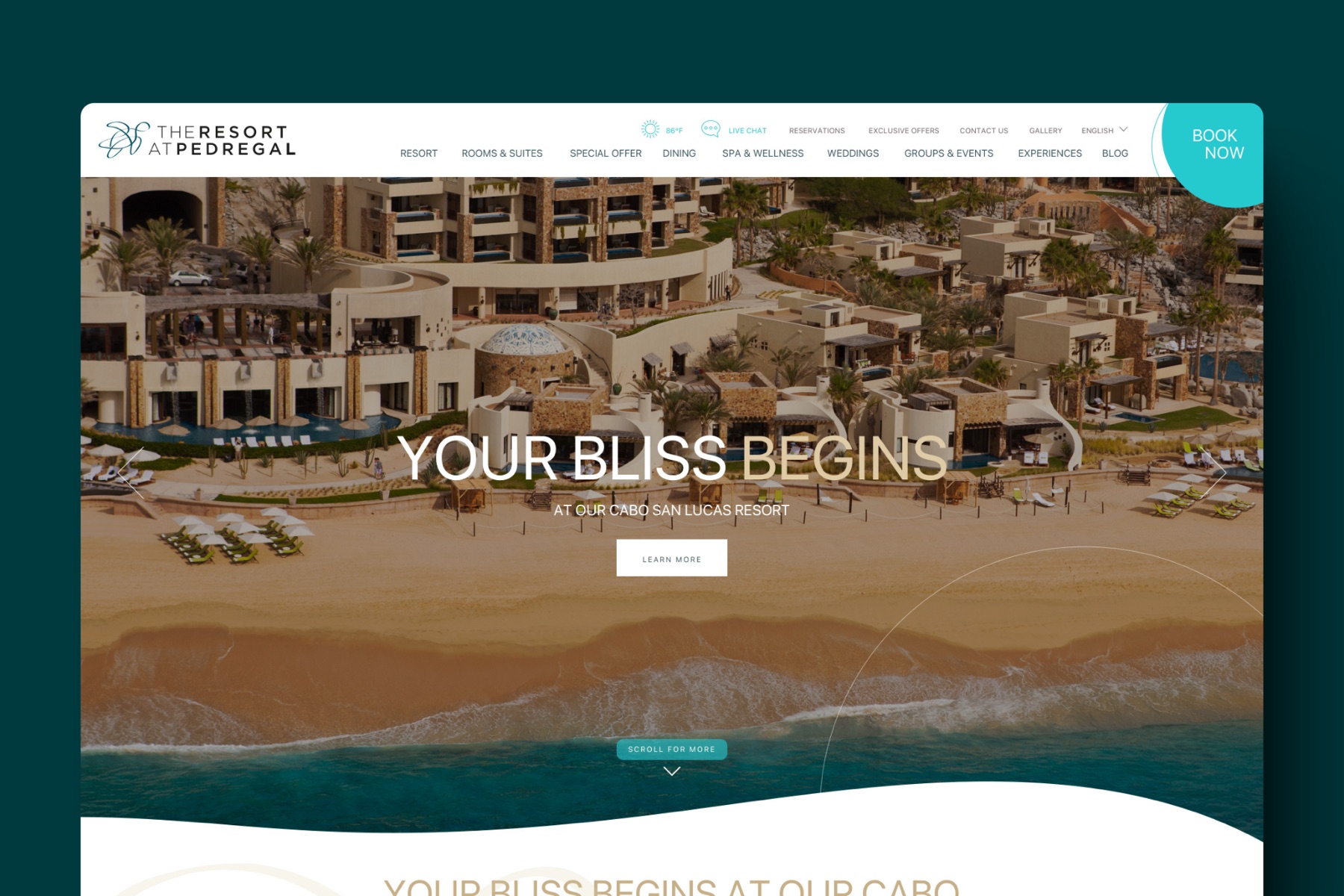 The Resort at Pedregal homepage: an aerial of the cliffside estate and its private beach under the line Your Bliss Begins, with the booking button pinned top right