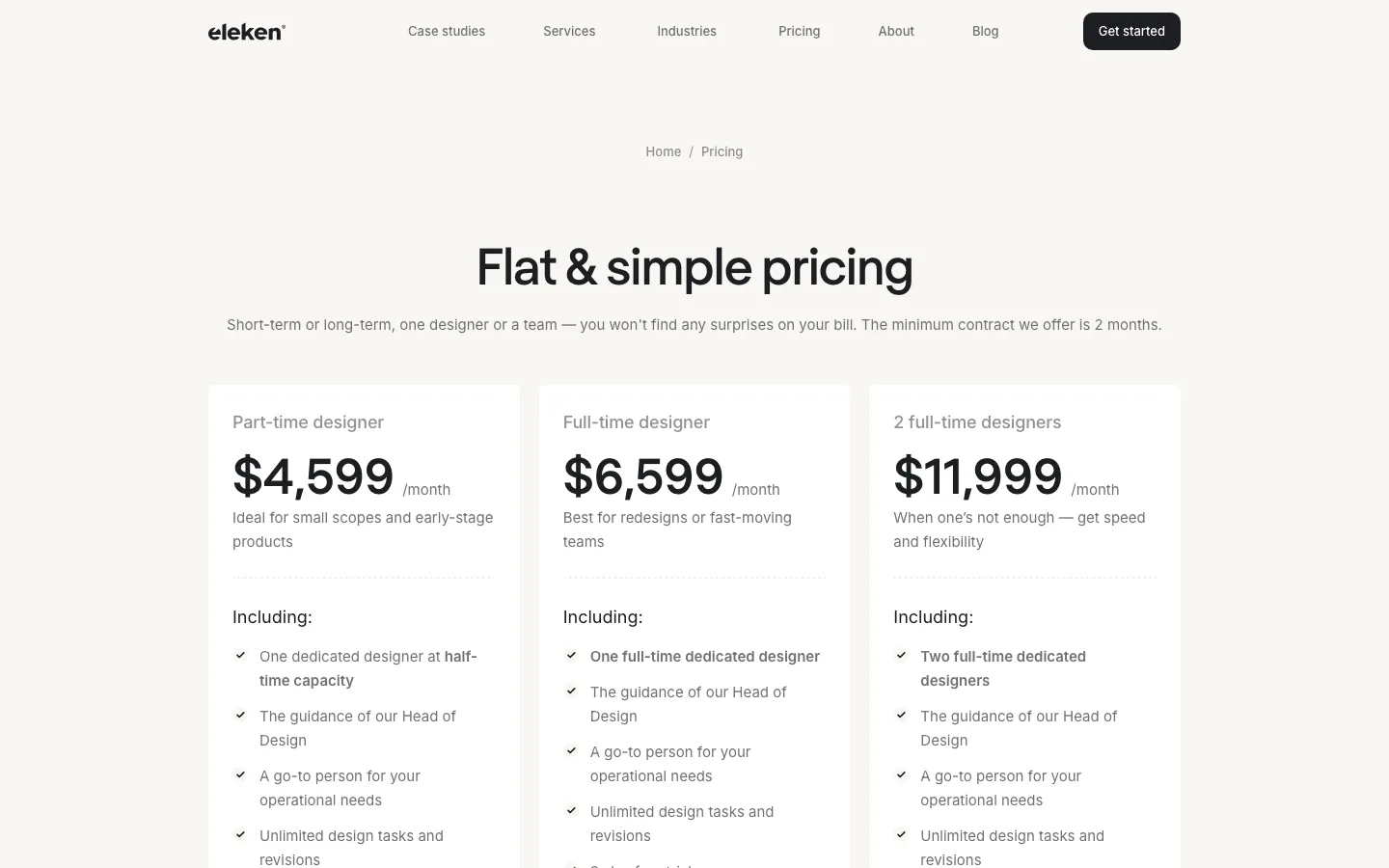 Eleken's pricing page on 23 September 2026: part-time designer 4,599 dollars a month, full-time 6,599, two full-time designers 11,999, minimum contract two months