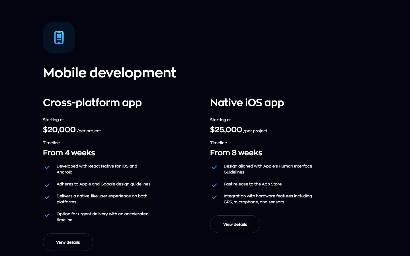 Ronas IT's pricing page on 23 September 2026: a cross-platform app starting at 20,000 dollars from four weeks, a native iOS app starting at 25,000 dollars from eight weeks, and mobile app maintenance from 1,000 dollars a month