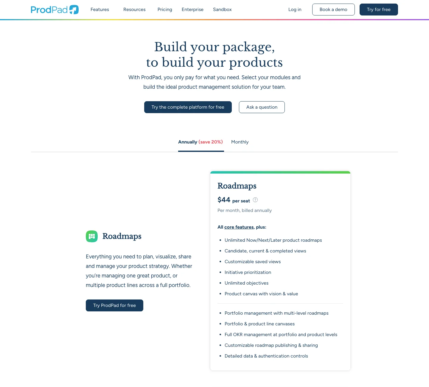 ProdPad's pricing page on 26 September 2026: the Roadmaps module at 44 dollars per seat per month billed annually, with unlimited Now, Next, Later roadmaps
