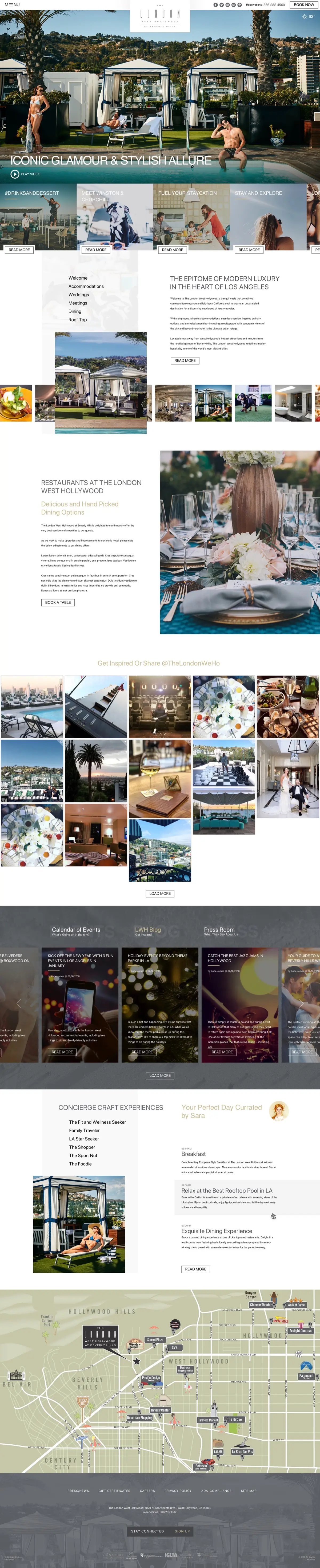 The whole homepage as designed, top to bottom: the rooftop hero, story cards, The Epitome of Modern Luxury in the Heart of Los Angeles, dining, an Instagram wall, the Calendar of Events, LWH Blog and Press Room carousel, concierge experiences, the illustrated neighborhood map and the footer