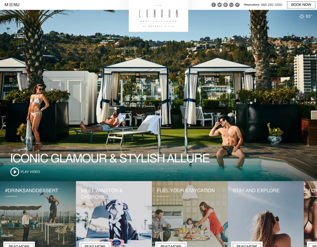 The London West Hollywood homepage as designed in 2018: the rooftop pool and cabanas under the Hollywood Hills, the headline Iconic Glamour and Stylish Allure, the logo in a white tab at the top centre, reservations number and Book Now top right, and a row of story cards including Meet Winston and Churchill