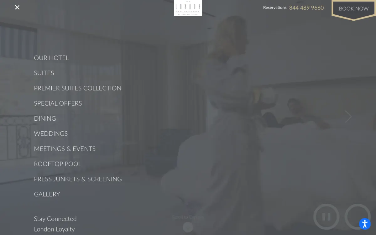 The live menu on 9 October 2026: Our Hotel, Suites, Premier Suites Collection, Special Offers, Dining, Weddings, Meetings and Events, Rooftop Pool, Press Junkets and Screening, and Gallery, with Stay Connected and London Loyalty below