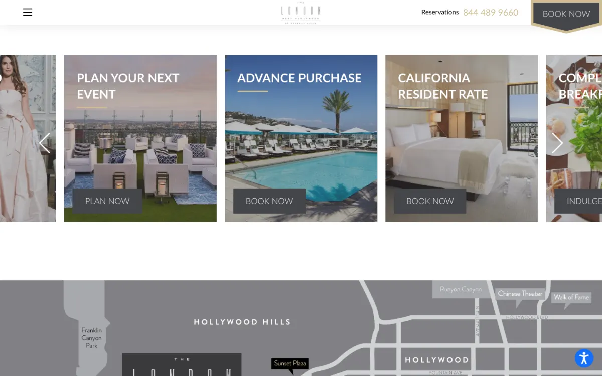 The live offer cards on 9 October 2026: Plan Your Next Event, Advance Purchase and California Resident Rate, each a photograph with a title, a short gold rule and a single button, in a horizontal slider