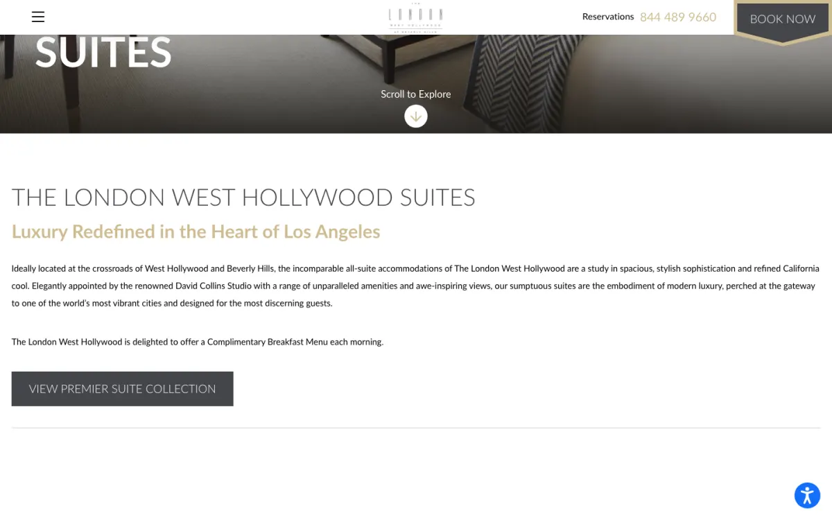 The live suites page on 9 October 2026: the heading The London West Hollywood Suites in grey uppercase, the subhead Luxury Redefined in the Heart of Los Angeles in gold, and a View Premier Suite Collection button