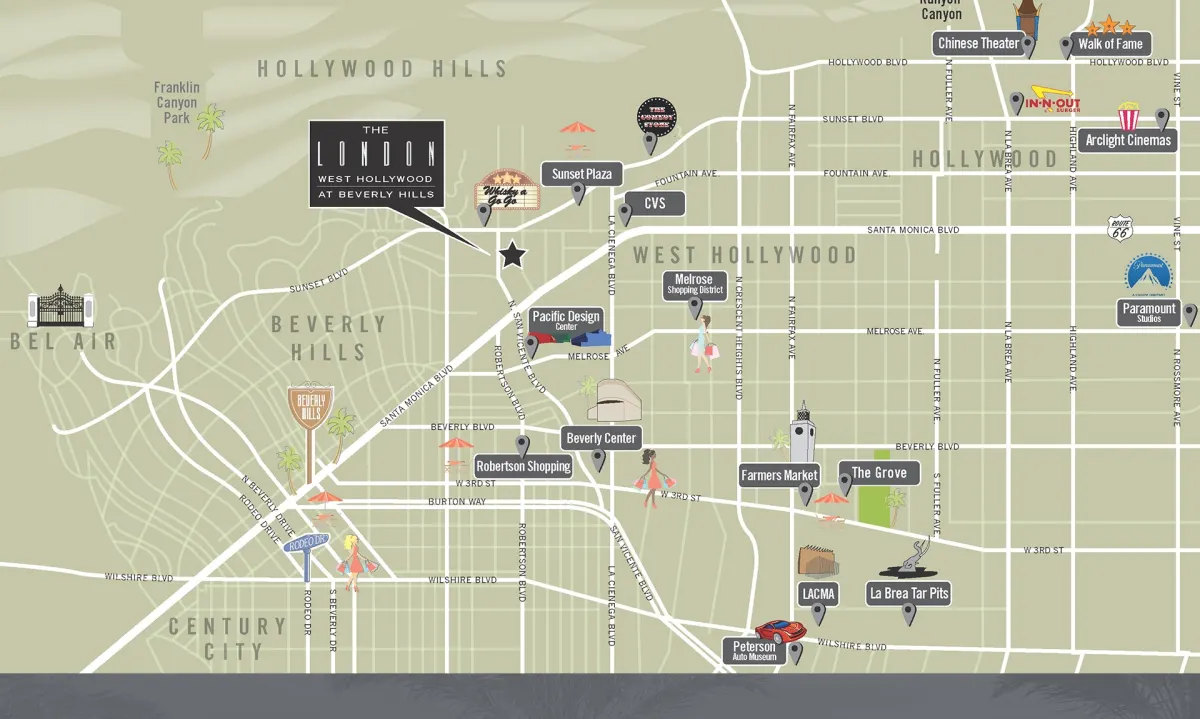 The neighborhood map as designed in 2018: an illustrated map of West Hollywood, Beverly Hills and Hollywood with the hotel's logo callout, landmark pins, palms, and icons for places such as the Whisky a Go Go and In-N-Out