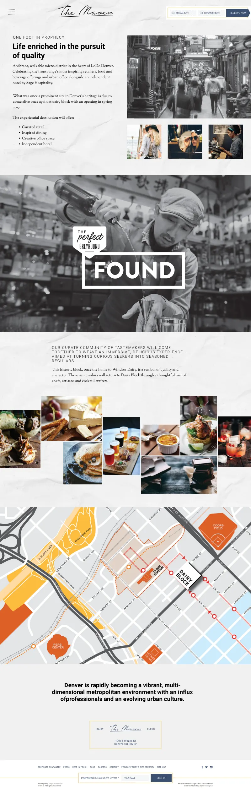 The Dairy Block page as designed: the block's restaurants, shops and studios presented as part of the hotel, with the booking bar fixed in the header