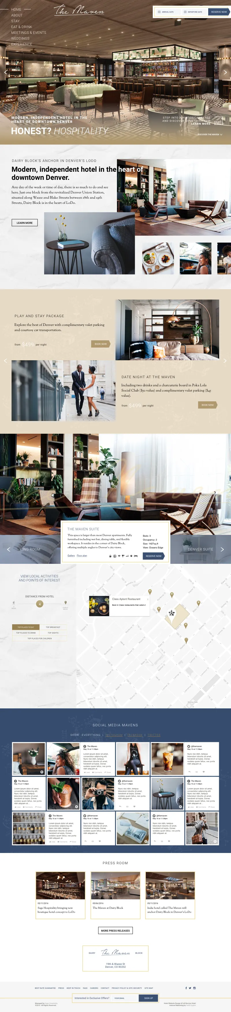 The full Maven homepage as designed, top to bottom: the maker hero, Modern, independent hotel in the heart of downtown Denver, package cards, a suites carousel, a local map with distances from the hotel, a Social Media Mavens grid, and the press room
