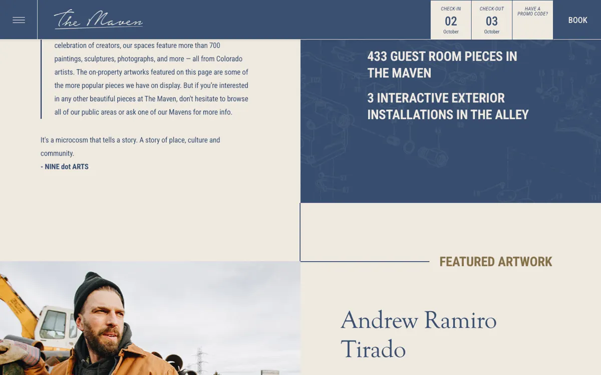 The live Art at Dairy Block page on 1 October 2026: a quote credited to NINE dot ARTS beside a navy panel reading 433 guest room pieces in The Maven and 3 interactive exterior installations in the alley, above a featured artwork by Andrew Ramiro Tirado