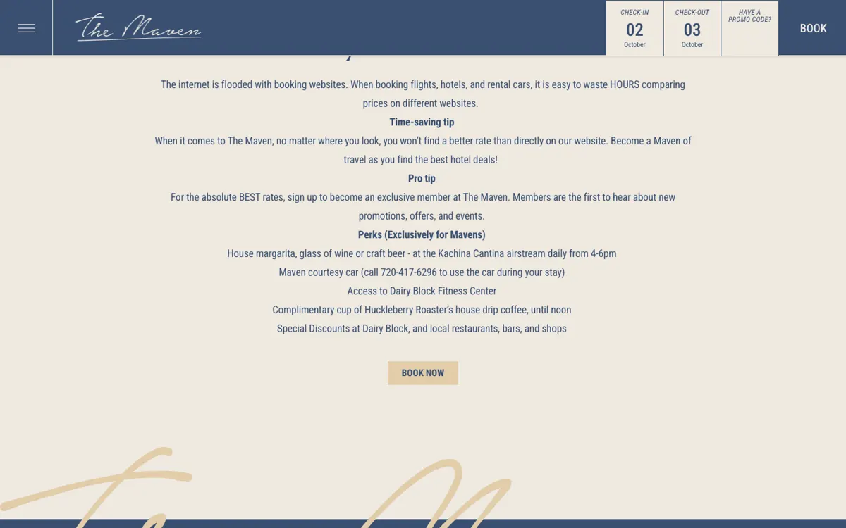 The live Why Book Direct page on 1 October 2026: the perks for direct bookers listed under Perks, Exclusively for Mavens, with a Book Now button and the script wordmark in sand below